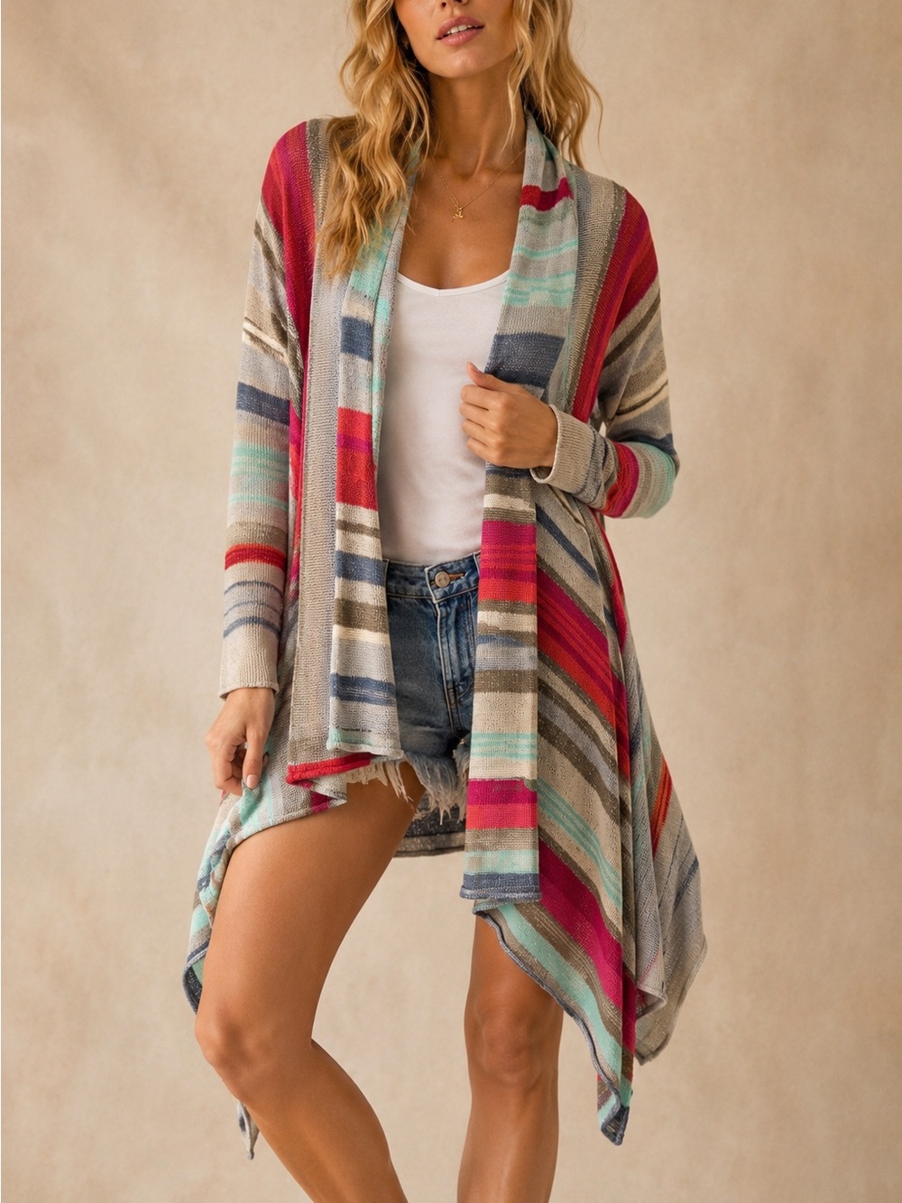 Goddis Multicolor Striped Draped Open Front Cardigan S/M